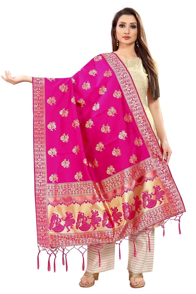 JENNY DESIGNER دوبتة داندياراس من حرير بناراسي بتصميم منسوج صلب مطبوع للنساء - Image 1