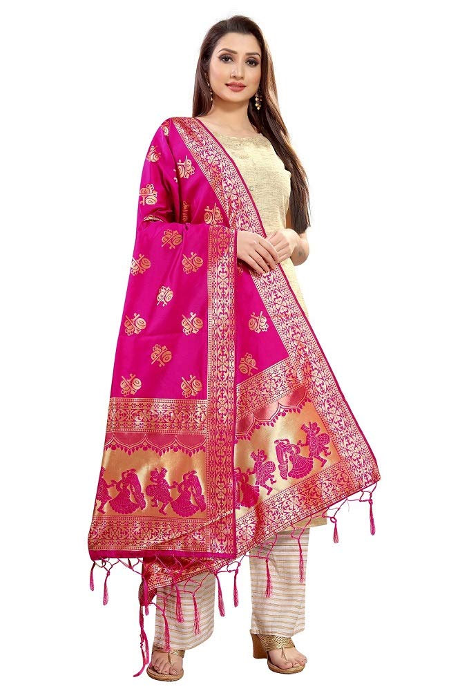 JENNY DESIGNER دوبتة داندياراس من حرير بناراسي بتصميم منسوج صلب مطبوع للنساء - Image 2