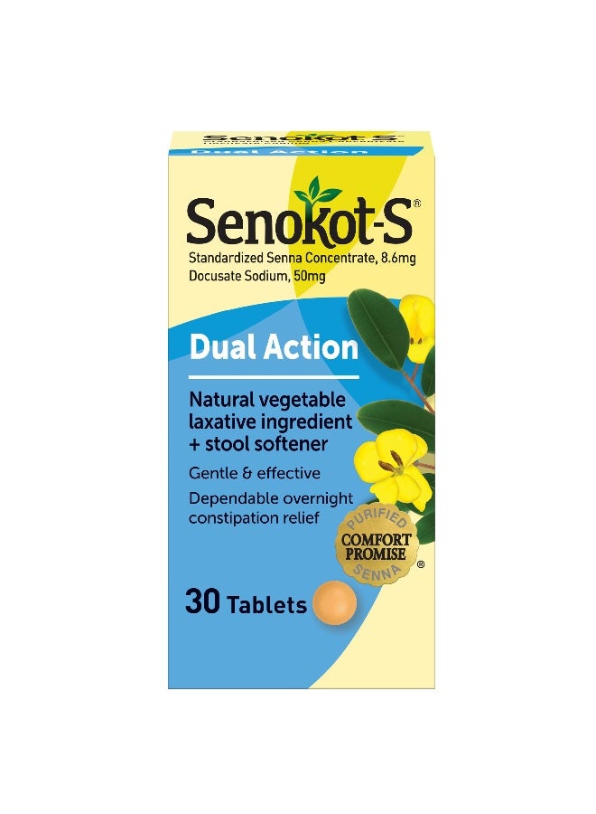 Senokot S Dual Action Natural Vegetable Laxative Ingredient Plus Stool Softener Tablets, Gentle Dependable Overnight Relief of Occasional Constipation, 30 Count - Image 1