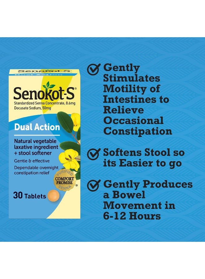 Senokot S Dual Action Natural Vegetable Laxative Ingredient Plus Stool Softener Tablets, Gentle Dependable Overnight Relief of Occasional Constipation, 30 Count - Image 2