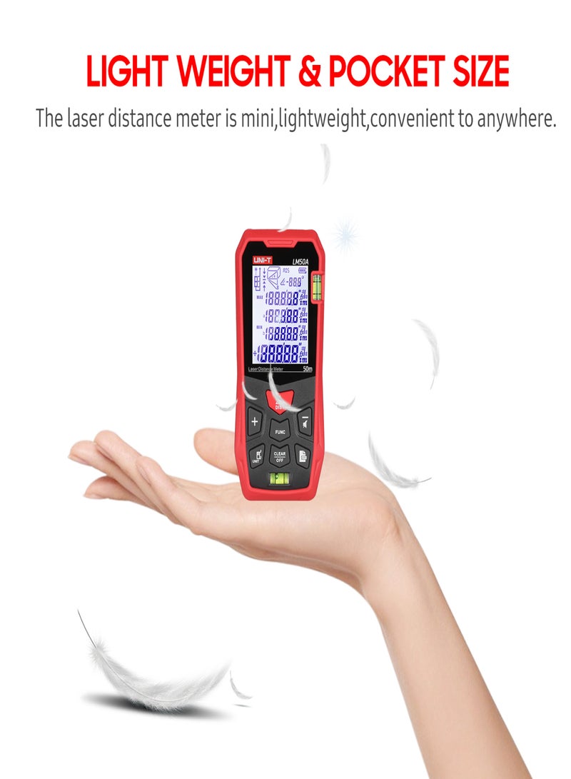 UNI-T LM50A Distance Measure Meter 50M with 2 Bubble Levels LCD Backlit Display Pythagorean Mode Measure Distance Area Volume Mute Function 99 Groups Data Storage Carrying Bag - Image 4