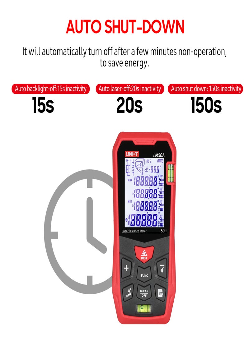 UNI-T LM50A Distance Measure Meter 50M with 2 Bubble Levels LCD Backlit Display Pythagorean Mode Measure Distance Area Volume Mute Function 99 Groups Data Storage Carrying Bag - Image 3