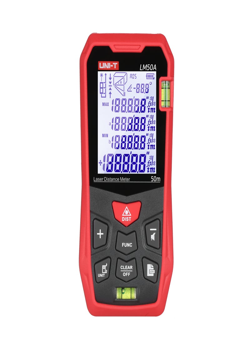 UNI-T LM50A Distance Measure Meter 50M with 2 Bubble Levels LCD Backlit Display Pythagorean Mode Measure Distance Area Volume Mute Function 99 Groups Data Storage Carrying Bag - Image 1