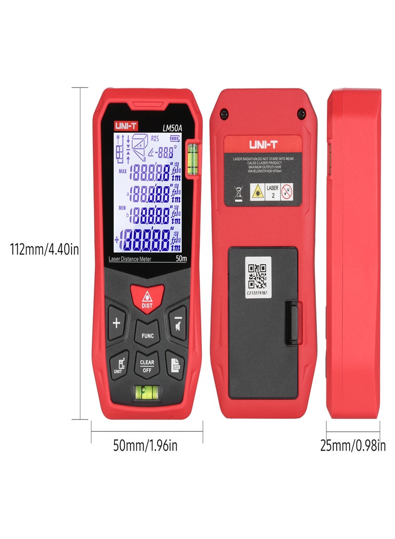 UNI-T LM50A Distance Measure Meter 50M with 2 Bubble Levels LCD Backlit Display Pythagorean Mode Measure Distance Area Volume Mute Function 99 Groups Data Storage Carrying Bag - Image 5