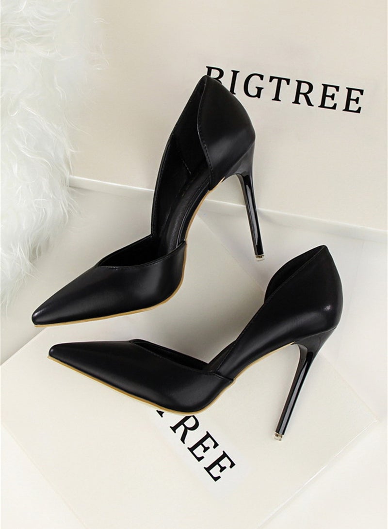 بيج تري أزياء بسيطة سليم أحذية نسائية الكعب عالية جدا مع تلميح الضحلة جوفاء حذاء واحد 10cm أسود - Image 2