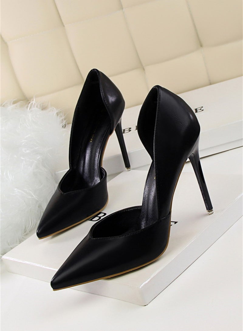 بيج تري أزياء بسيطة سليم أحذية نسائية الكعب عالية جدا مع تلميح الضحلة جوفاء حذاء واحد 10cm أسود - Image 1