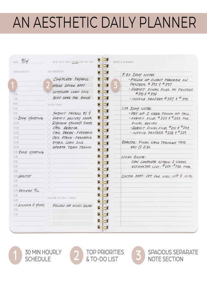 ZICOTO Beautiful Daily Planner And Notebook With Hourly Schedule - Aesthetic Spiral To do List Notepad to Easily Organize Your Tasks And Appointments - Stylish Book And School Or Office Supplies For Women - Image 2