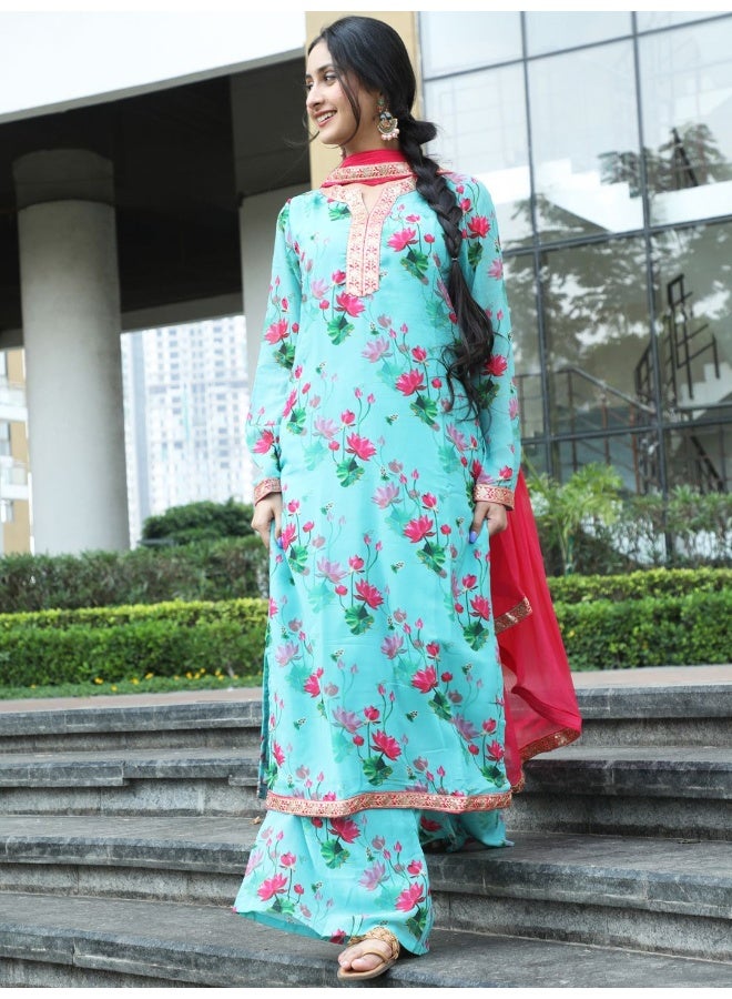 AKS AKS Floral Printed Gotta Patti Kurta with Palazzos & With Dupatta  - Image 1