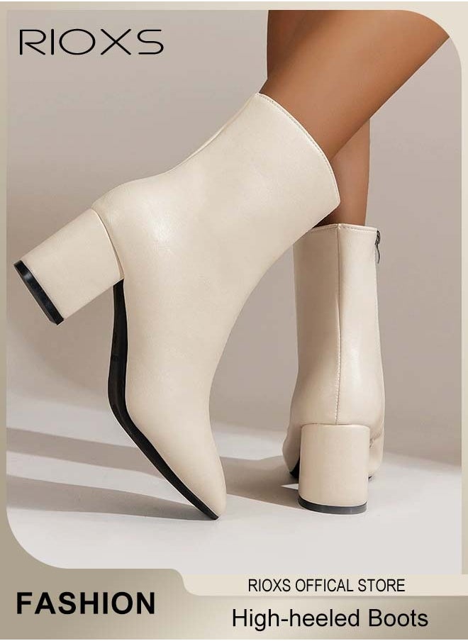 RIOXS Women's High-heeled Western Cowboy Boots, Ladies Solid Color Ankle Boots, Fashion Suqre Round Toe Leather Boots, Spring Autumn Winter Pump Shoes With Side Zipper, Chunky Heel Boots For Women  - Image 2