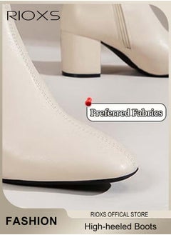 RIOXS Women's High-heeled Western Cowboy Boots, Ladies Solid Color Ankle Boots, Fashion Suqre Round Toe Leather Boots, Spring Autumn Winter Pump Shoes With Side Zipper, Chunky Heel Boots For Women  - Image 3