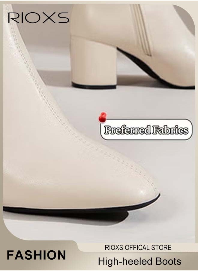 RIOXS Women's High-heeled Western Cowboy Boots, Ladies Solid Color Ankle Boots, Fashion Suqre Round Toe Leather Boots, Spring Autumn Winter Pump Shoes With Side Zipper, Chunky Heel Boots For Women  - Image 3