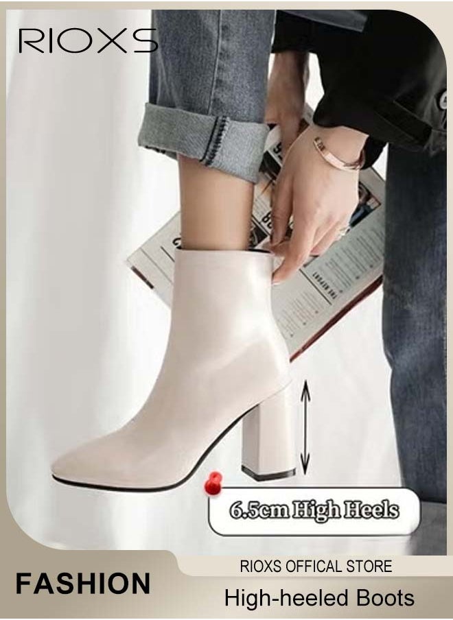RIOXS Women's High-heeled Western Cowboy Boots, Ladies Solid Color Ankle Boots, Fashion Suqre Round Toe Leather Boots, Spring Autumn Winter Pump Shoes With Side Zipper, Chunky Heel Boots For Women  - Image 4