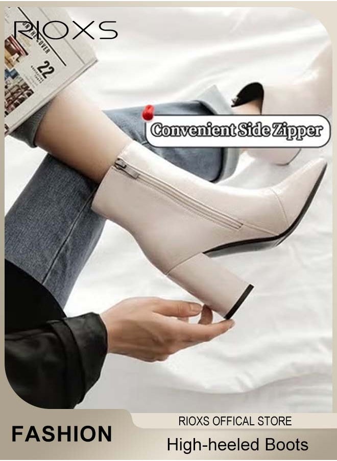RIOXS Women's High-heeled Western Cowboy Boots, Ladies Solid Color Ankle Boots, Fashion Suqre Round Toe Leather Boots, Spring Autumn Winter Pump Shoes With Side Zipper, Chunky Heel Boots For Women  - Image 5