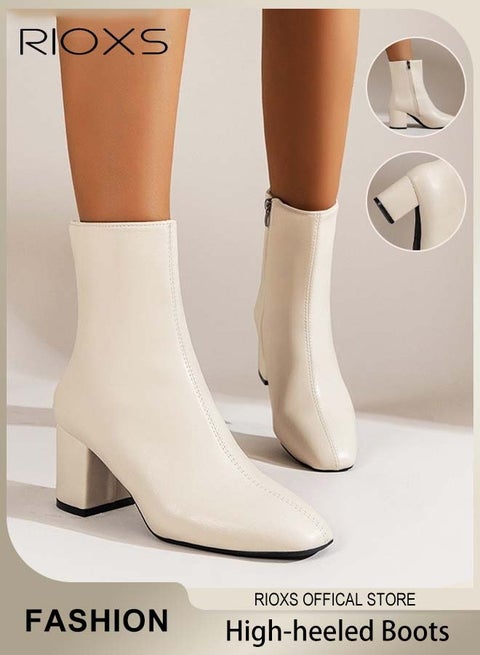 Women's High-heeled Western Cowboy Boots, Ladies Solid Color Ankle Boots, Fashion Suqre Round Toe Leather Boots, Spring Autumn Winter Pump Shoes With Side Zipper, Chunky Heel Boots For Women