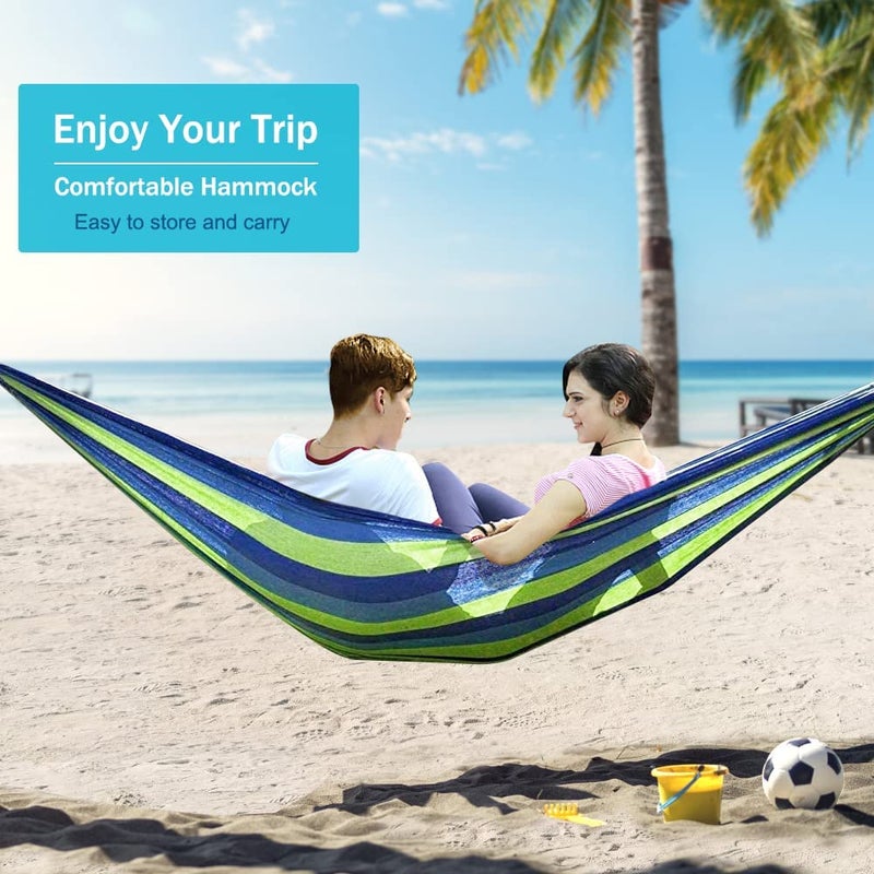 Dwiza Enterprise Soft Cotton Hammock Swing for Adults Canvas Travel Hammocks with Two Anti Roll Balance Beam Sturdy Metal Knot Whiter Ropes Portable Beach Swing Bed 280 100cm Blue - Image 5