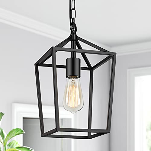 BesLowe Farmhouse Black Pendant Light for Kitchen Island Industrial Hanging Lantern Fixture Modern Metal Cage Lamp Chandelier Lighting for Dinning Room Hallway, 49in Adjustable Chain for Flat & Sloped Ceiling - Image 1