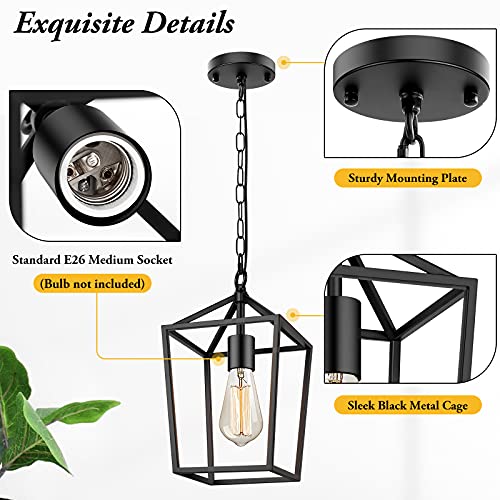 BesLowe Farmhouse Black Pendant Light for Kitchen Island Industrial Hanging Lantern Fixture Modern Metal Cage Lamp Chandelier Lighting for Dinning Room Hallway, 49in Adjustable Chain for Flat & Sloped Ceiling - Image 4