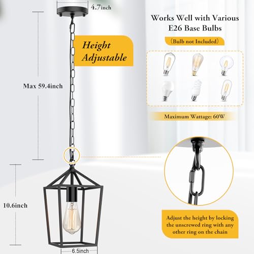 BesLowe Farmhouse Black Pendant Light for Kitchen Island Industrial Hanging Lantern Fixture Modern Metal Cage Lamp Chandelier Lighting for Dinning Room Hallway, 49in Adjustable Chain for Flat & Sloped Ceiling - Image 3