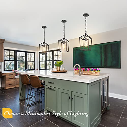 BesLowe Farmhouse Black Pendant Light for Kitchen Island Industrial Hanging Lantern Fixture Modern Metal Cage Lamp Chandelier Lighting for Dinning Room Hallway, 49in Adjustable Chain for Flat & Sloped Ceiling - Image 2