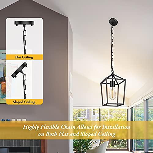 BesLowe Farmhouse Black Pendant Light for Kitchen Island Industrial Hanging Lantern Fixture Modern Metal Cage Lamp Chandelier Lighting for Dinning Room Hallway, 49in Adjustable Chain for Flat & Sloped Ceiling - Image 5
