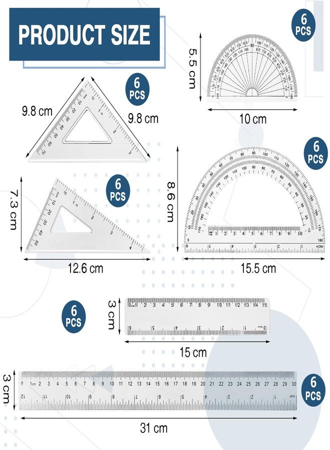 Tenare 36 Pcs Plastic Clear Math Set Includes Protractor Triangle Rulers 12 Inch 6 Inch Straight Geometry Math Transparent Ruler Measuring Tool for School Office Home Supplies - Image 2