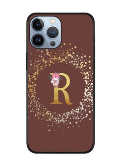 Rugged Black edge case for Apple iPhone 13 Pro Max Slim fit Soft Case Flexible Rubber Edges TPU Gel Thin Cover - Custom Monogram Initial Letter Floral Pattern Alphabet - R (Brown)
