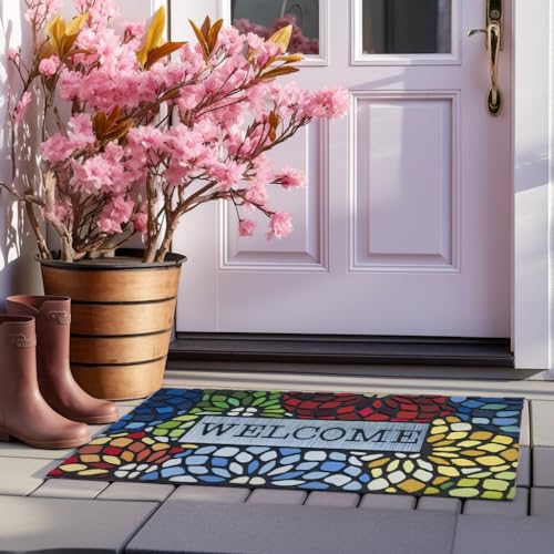 CHICHIC Colorful Welcome Mat, 18x 30 Inch Front Doormat for Home Entrance Outdoors Mat for Outside Entry Way Doormat, Heavy Duty Non Slip Rubber Back Low Profile - Image 2