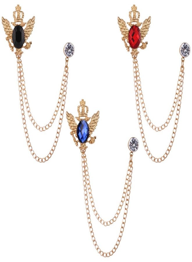 Shuxy 3PCS Men's Brooch Hanging Chain Brooch Black Blue Red Stone Animal Double Headed Eagle Tassel Suit Pin Metal Crystal Brooch Suit Stud Lapel Pin Vintage Rhinestone Breastpin Wedding Brooch Pin, Gold - Image 1