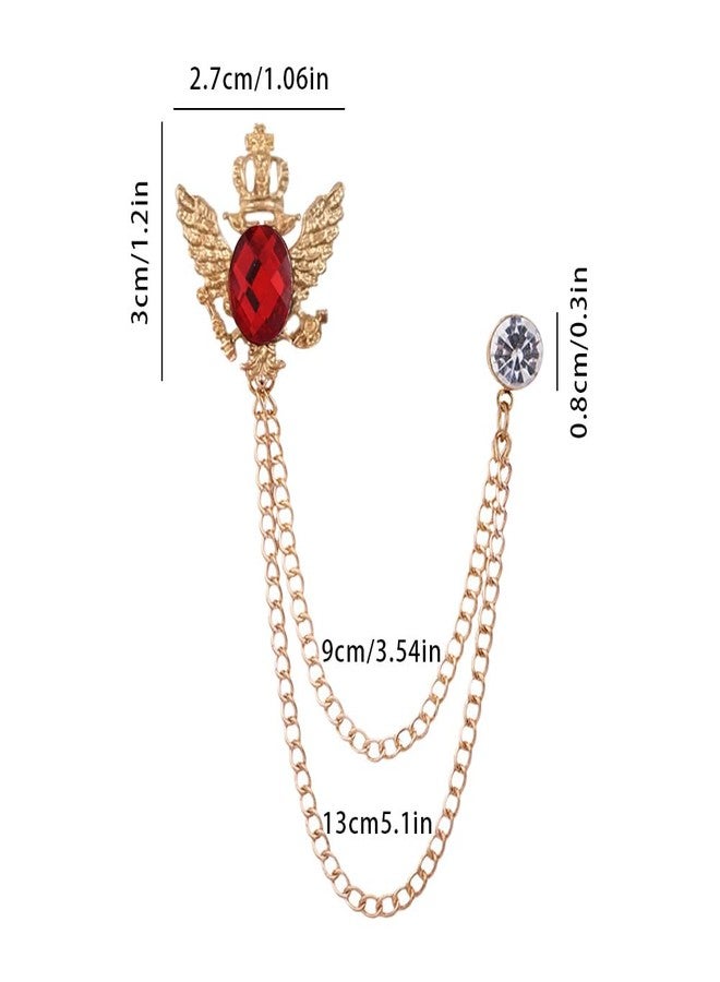 Shuxy 3PCS Men's Brooch Hanging Chain Brooch Black Blue Red Stone Animal Double Headed Eagle Tassel Suit Pin Metal Crystal Brooch Suit Stud Lapel Pin Vintage Rhinestone Breastpin Wedding Brooch Pin, Gold - Image 2