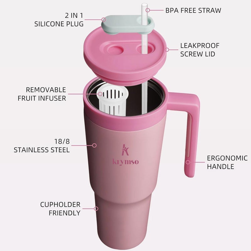 KRYMSO 1200ml Stainless Steel Tumbler with Handle, Straw Lid, Silicon Base, Vacuum Insulated, Leak-Proof, Reusable Travel Mug for Coffee, Smoothie, Water, Iced Drinks with infuser (Pink) - Image 4