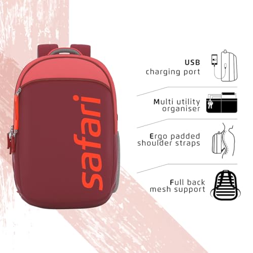 Safari Spree USB 30L Backpack, 2 Compartments, Front Pocket, Organizer, Bottle Holder, School Bag for Boys and Girls, College Bag, Office Bag, Travel Bag for Unisex, Bagpack, Color- Wine Red - Image 3