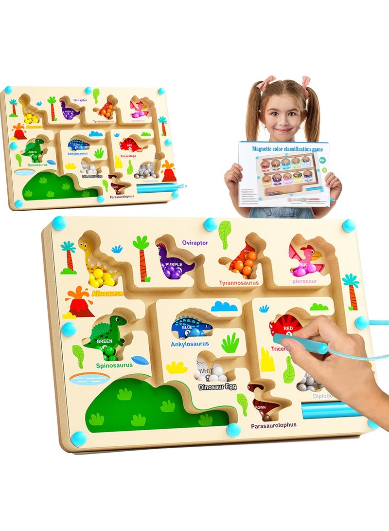 VUCATIN Magnetic Color & Number Maze Montessori Wooden Color Matching Learning Counting Puzzle Board Toddler Fine Motor Skills Toys for Boys Girls 3+ Years Old (Dinosaur) - Image 1