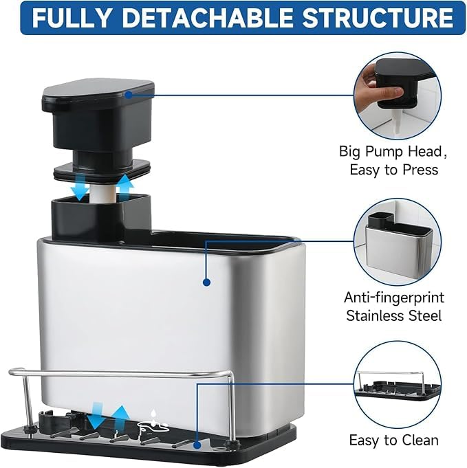 black sparrow Black parrow Dish Soap Dispenser for Kitchen Sink, 3 in 1 Kitchen Sink Caddy with Sponge Holder, Stainless Steel Kitchen Sink Organizer with Soap Dispenser - Image 5