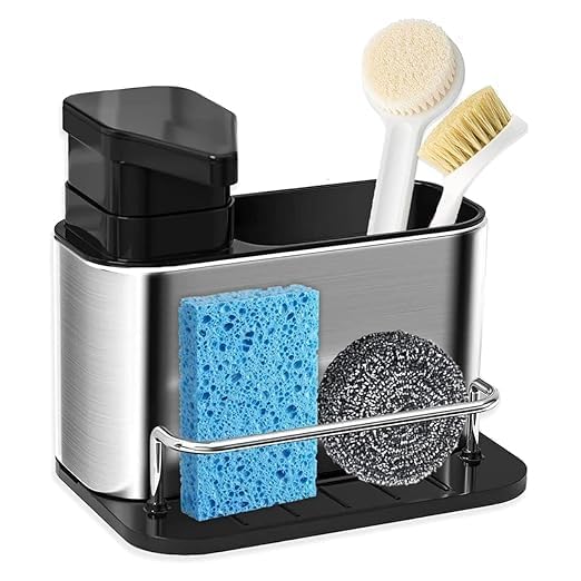 black sparrow Black parrow Dish Soap Dispenser for Kitchen Sink, 3 in 1 Kitchen Sink Caddy with Sponge Holder, Stainless Steel Kitchen Sink Organizer with Soap Dispenser - Image 1