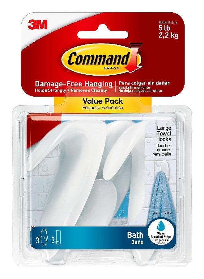 Command Command Bath Large Towel Hook Value Pack, Clear Frosted, 3-Large Hooks, 3-Water-Resistant Strips, Organize Damage-Free  - Image 4