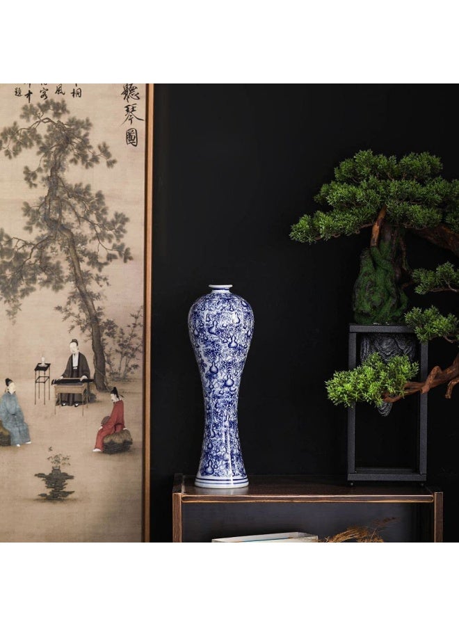 LANLONG مزهرية سيراميك صينية 13 بوصة زرقاء وبيضاء خزفية صينية مصنوعة يدويًا مزهرية زهور زخرفية لغرفة المعيشة ديكور المنزل مكتب طاولة مركزية - Image 2