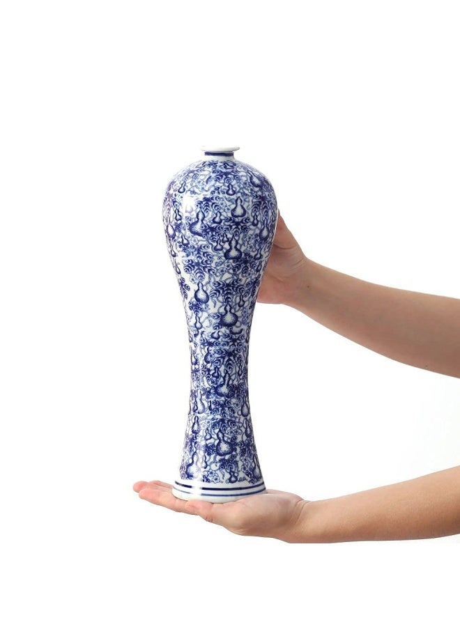 LANLONG مزهرية سيراميك صينية 13 بوصة زرقاء وبيضاء خزفية صينية مصنوعة يدويًا مزهرية زهور زخرفية لغرفة المعيشة ديكور المنزل مكتب طاولة مركزية - Image 5