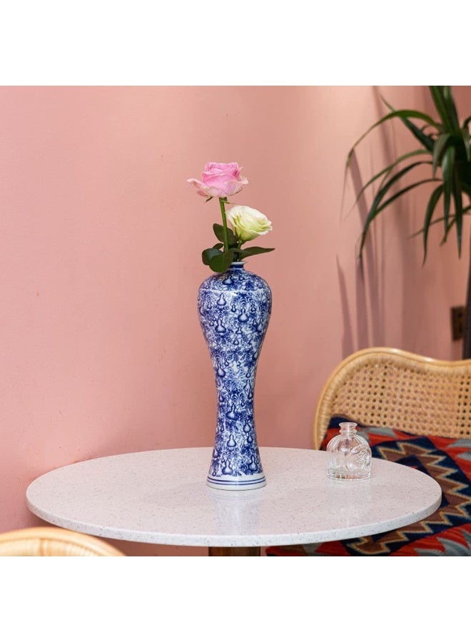 LANLONG مزهرية سيراميك صينية 13 بوصة زرقاء وبيضاء خزفية صينية مصنوعة يدويًا مزهرية زهور زخرفية لغرفة المعيشة ديكور المنزل مكتب طاولة مركزية - Image 4