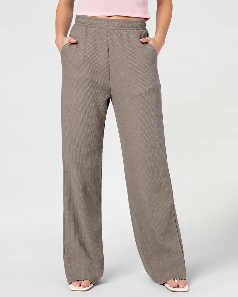 Women's Brown Straight Fit Textured Easy Pants