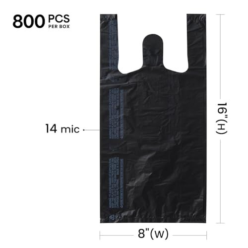 Platree Small Black (800 Count) Plastic Embossed T-Shirt Bags, 8" X 4" X 16", 14 mic (0.55 Mil), Retail Plastic, Bulk, Black Plain, T-Shirt, Desk Trash, Grocery Bags with Handles, Made in Korea - Image 2