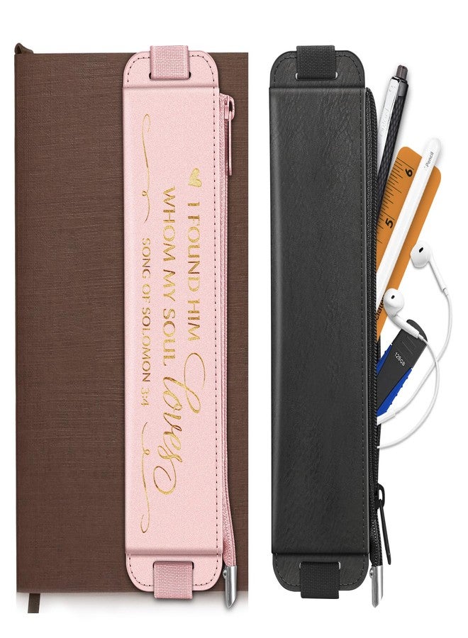 FINPAC 2-Pack Elastic Pencil Case for Notebook, Leather Pen Holder Stationery Zipper Bag for Pencils, Markers, Pen Pouch w/Elastic Band for Bible Journaling, Planners, Tablets - Image 1