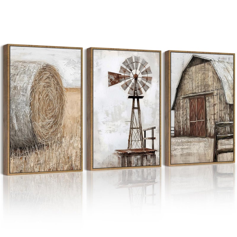 Drsoum Farmhouse Wall Art Vintage Rustic Windmill Barn Cornfield Pictures Framed Painting Landscape Countryside Rural Canvas Artwork Home Decor Ready to Hang 11x14in - Natural Framed - Image 1