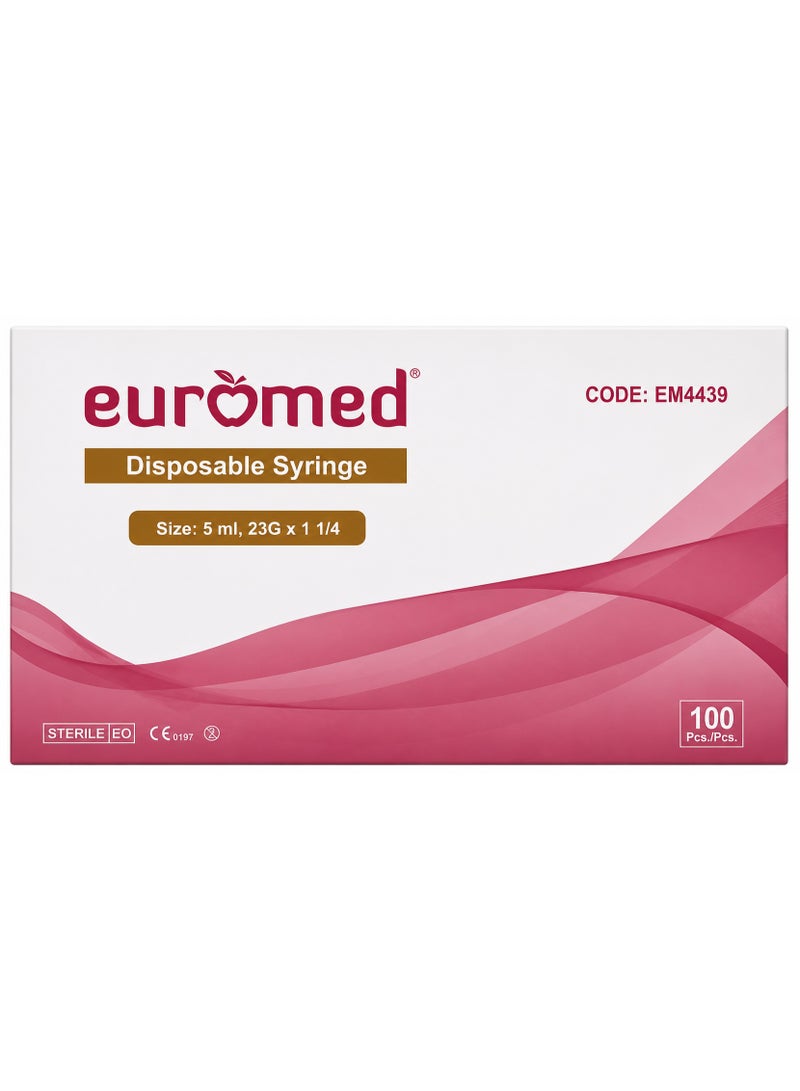 محقنة طبية معقمة للاستخدام مرة واحدة، 5 مل، 23G × 1 1/4 بوصة، 100 قطعة | علبة محقنة طبية معقمة