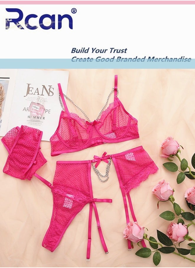 Rcan - 5 Piece Lingerie Women's Teddy Babydoll Garter Strap Chain Plus Size Bra and Panty Set - Image 1