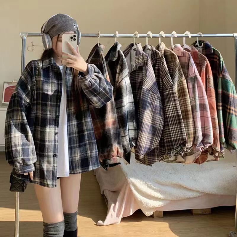 Brushed Thickened Wool Plaid Shirt For Women, Loose Mid-Length Hong Kong Style Versatile Shirt Jacket Trendy - Image 2