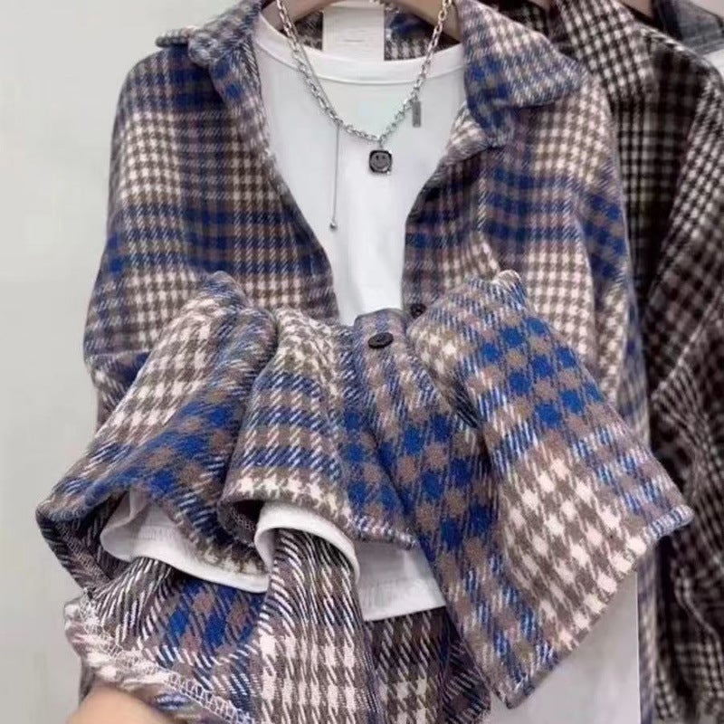 Brushed Thickened Wool Plaid Shirt For Women, Loose Mid-Length Hong Kong Style Versatile Shirt Jacket Trendy - Image 1