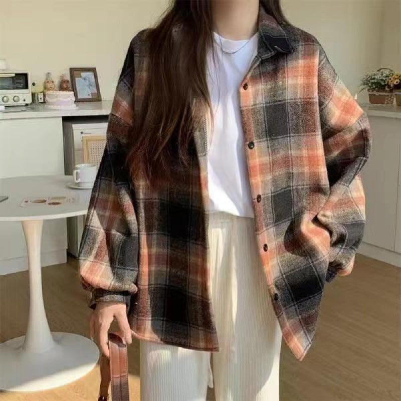 Brushed Thickened Wool Plaid Shirt For Women, Loose Mid-Length Hong Kong Style Versatile Shirt Jacket Trendy - Image 5