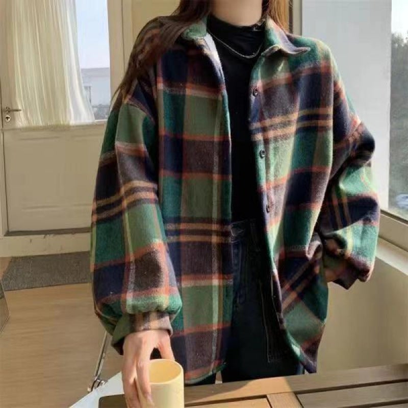 Brushed Thickened Wool Plaid Shirt For Women, Loose Mid-Length Hong Kong Style Versatile Shirt Jacket Trendy - Image 4