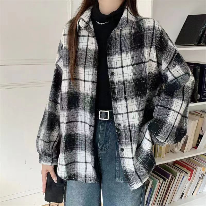 Brushed Thickened Wool Plaid Shirt For Women, Loose Mid-Length Hong Kong Style Versatile Shirt Jacket Trendy - Image 3