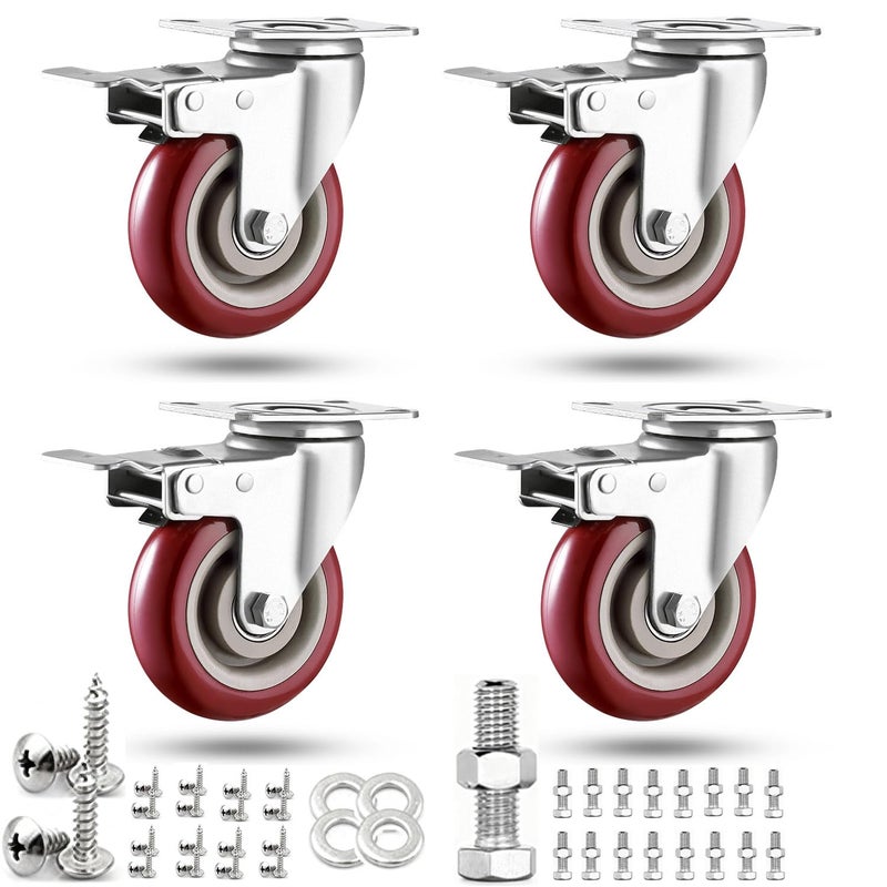 ABSLIMUS 3 inch Casters Load 2000lbs -Includes Complete Screws Sets with Accessories -Lockable Bearing Plate Heavy Duty Caster with Brakes, 360-degree Swivel for Furniture and Workbench Cart, Set of 4 - Image 1